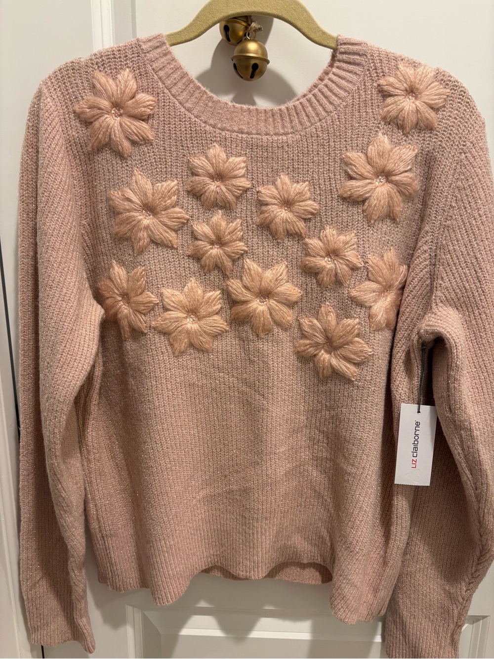 Liz Claiborne Blush Pink Floral Appliqué Crewneck Sweater